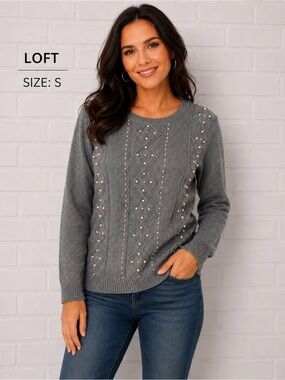 LOFT Gray Pearl Embellished Cottagecore romantic   Cable Knit Sweater Size Small